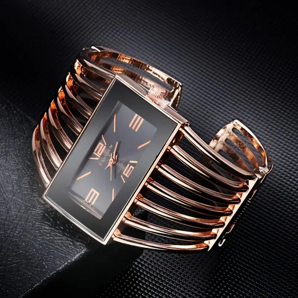 Women Rectangular Cuff Bracelet Watch Fashion Rosh Gold with Black Dial